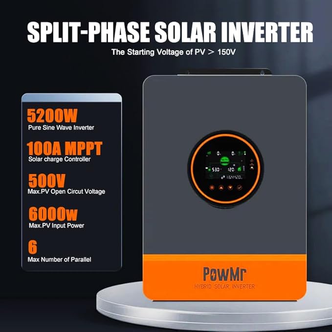 PowMr Solar Inverter 5000W 48Vdc to 110Vac 5200W Split-Phase Solar Inverter Built-in 100A MPPT Controller | Max.PV Input 6KW 500VOC | Support 6 Units Parallel and Batteryless Run