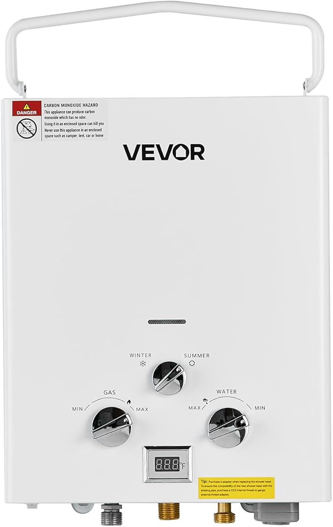 VEVOR Portable Propane Water Heater 5L Tankless Outdoor Water Heater 34000 BTU 1.32 GPM Instant Hot Water with Accessory Set + Regulator +Water Pump for RV Camping Trips Cabins Barns