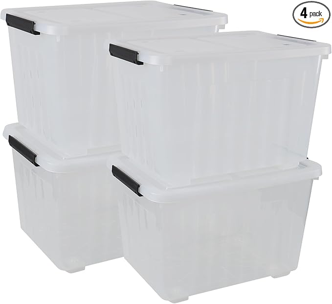 Xyskin 4-Pack 50 Quart Heavy Duty Plastic Storage Bins Stackable Containers with Clear Lids &amp BlackLatches for Bedding Clothing Holiday Decor Ideal for Garage &amp Closet