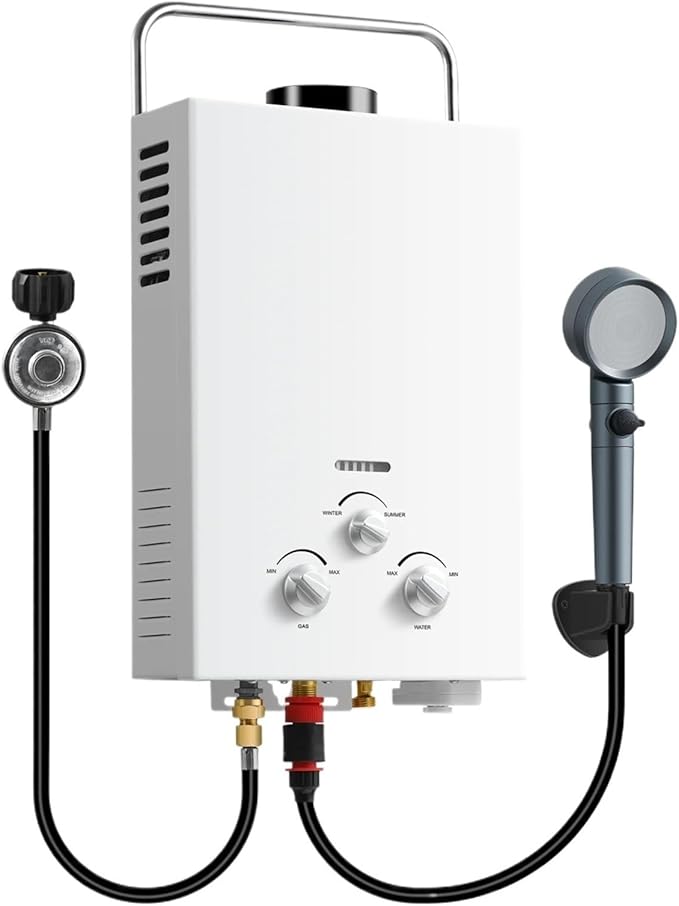 6L Portable Natural Gas 1.58GPM Instant Hot Shower for Camping/RV 40K BTU Tankless Water Heater(White)