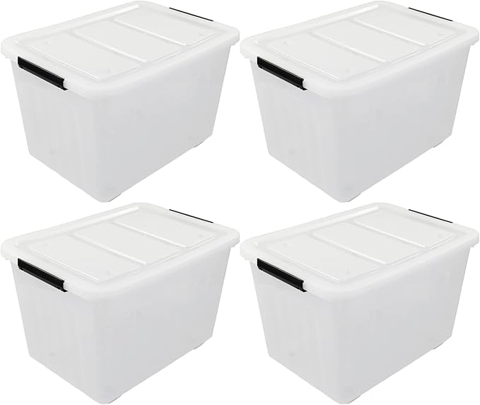 4-Pack 70 L Large Clear Storage Boxes Plastic Latching Boxes with Wheeles