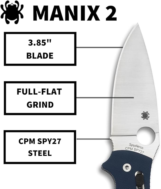 Spyderco Manix 2 XL Folding Pocket Knife with 3.8 CPM SPY27 Steel Blade and G-10 Handle - EDC Knife for Men and Women Perfect for Hunting Tactical Camping Survival - PlainEdge - C95GPCBL2