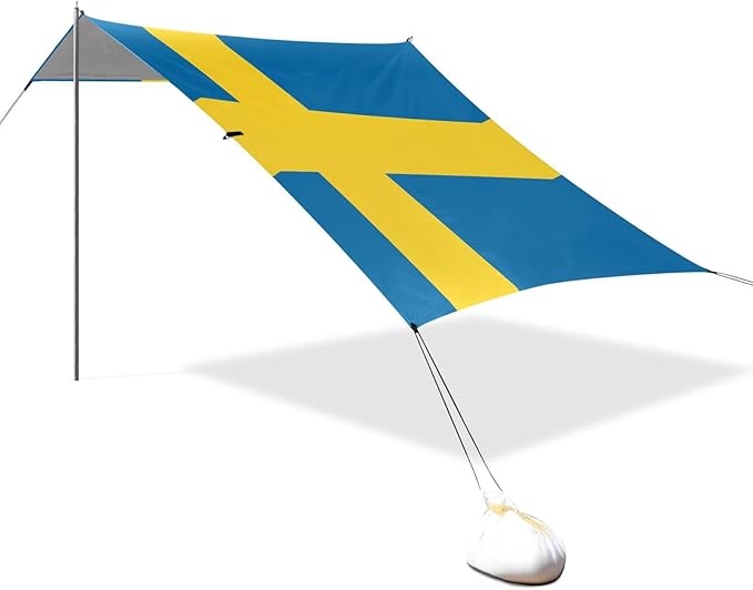Sweden Flag Beach Tent UPF50 Waterproof Shade Sun Shelter with Sandbags &amp Sand Shovel for Backyard and Camping