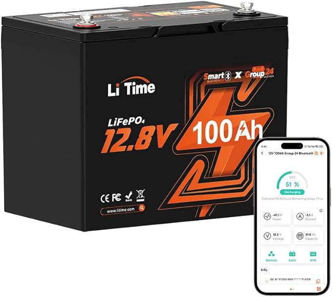 Litime 12V 100Ah Group 24 Bluetooth LiFePO4 Battery Deep Cycle Lithium Battery Built-in 100A BMS with Low-Temp Protection Max. 15000 Cycles Perfect for RV Solar System Trolling Motors etc