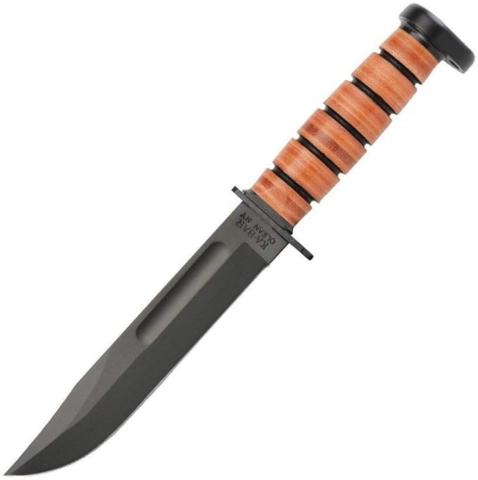 KA-BAR Dog's Head Utility Knife Fixed Blade Knife 7 Clip Point 1095 Cro-Van Black Blade Stacked Leather Handle Black/Brown