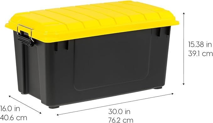 IRIS USA WeatherPro 21 Gallon Lockable Storage Bins with Lids 4 Pack - Made in USA Heavy Duty Stackable Containers Garage Organizing Tubs Rugged Sturdy Equipment Utility Box - Black/Yellow