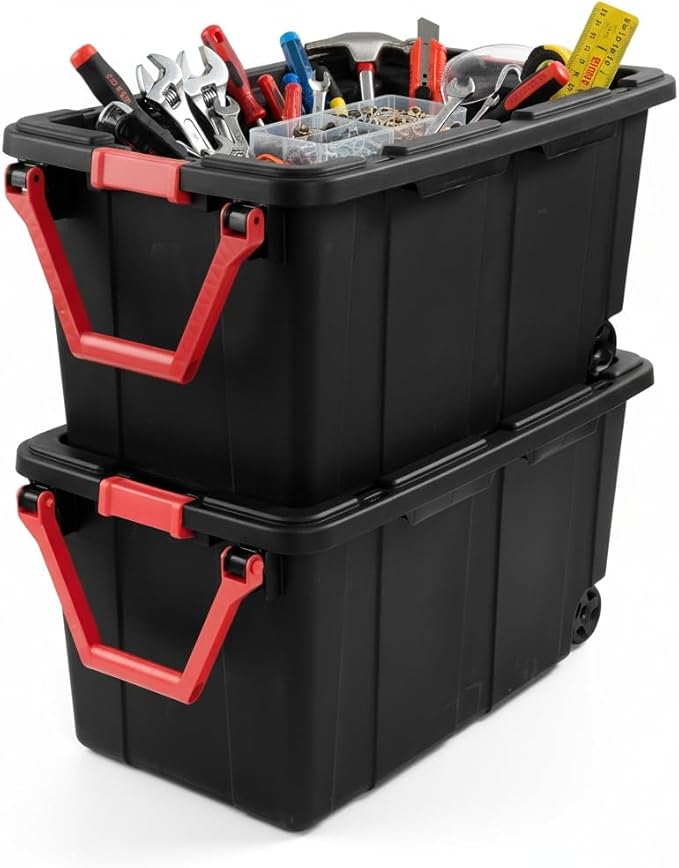 40 Gallon Extra Large Rolling Storage Bins 2-Pack Black Heavy-Duty Plastic with Pivoting Handle &amp Leak-Resistant Lid for Garage Warehouse Industrial Storage