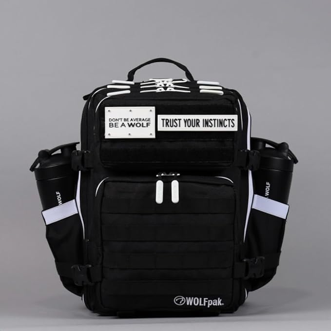 WOLFpak 25L Athletic Gym Backpack (Alpha Black w/White Accents) Durable 1000D Waterproof Oxford Material with MOLLE Webbing Laptop Pocket &amp Dual Cup Holders