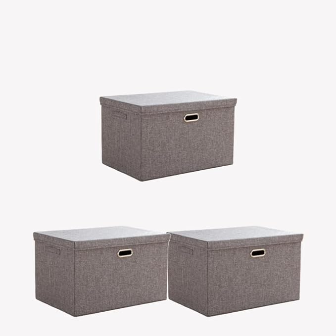 Large Collapsible Stackable Storage Bins with Lids 3 Packs – Beige Linen Fabric Closet Organizer Boxes Foldable Cube Baskets for Bedroom Office Clothes