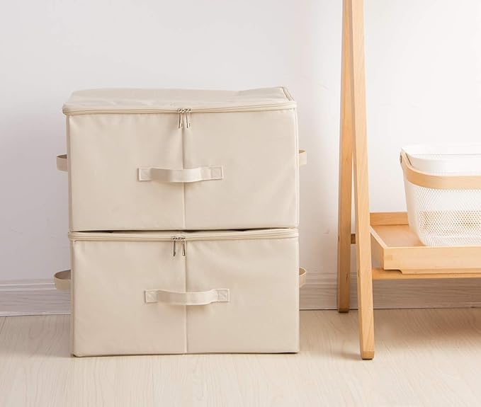 iwill CREATE PRO 3-Pack Beige Folding Storage Boxes with Zip Lid | Collapsible &amp Stackable Rigid Organizer Bins for Clothes Blankets Books