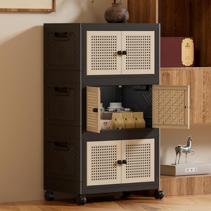CXCJAI Foldable Plastic Storage Cabinet with Wheels Rattan-Style Doors Stackable Organizer with Magnetic DoorsStorage Boxes for Living Room Bedroom Office 3-Tier