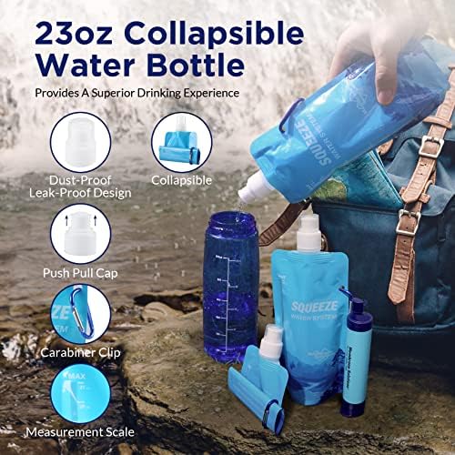 Membrane Solutions Squeezable Water Filtration System Survival Water Purifier Kit Portable Backpacking Gear Including Water Filter Straw and 23oz Collapsible Bottle for Hiking Camping Travel(5+6)