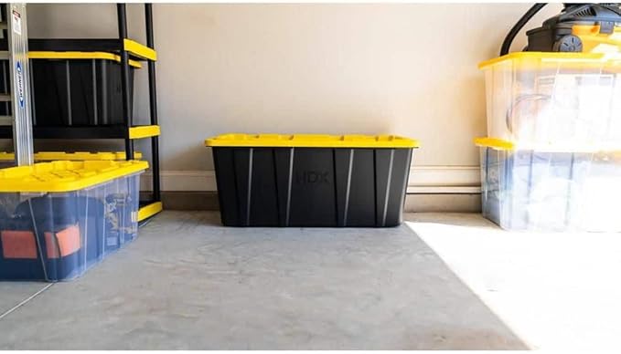 57 Gallon Tough Storage Tote with Snap-On Lid Black with Yellow Lid Stackable