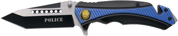 THIRD Assisted Safety Folding Knife K1912BL Police Emblem Black and Blue Handle 9.1 cm Stainless Steel Blade