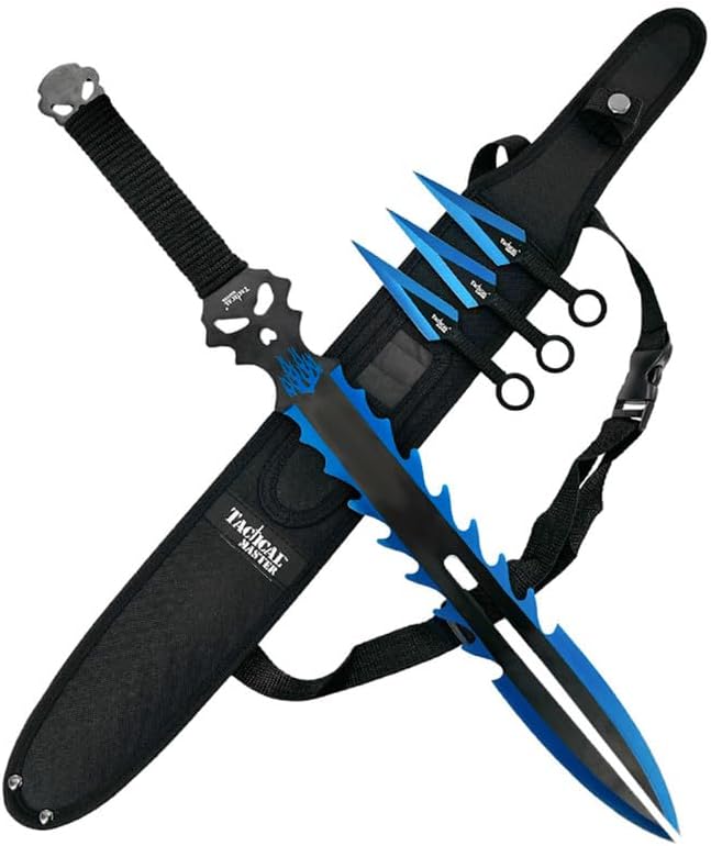 Tactical Flame Skull Machete with 3 Throwing Knives Set