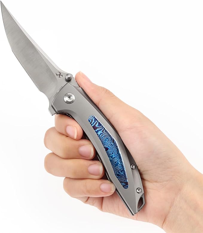 KANSEPT Baku Pocket Folding Knives for Men EDC Camping Folding Knife 3.2'' Satin CPM-S35VN Material Outdoor Folding Knives with Plain Titanium Timascus Inlay Handle Everyday Carry K1056A8