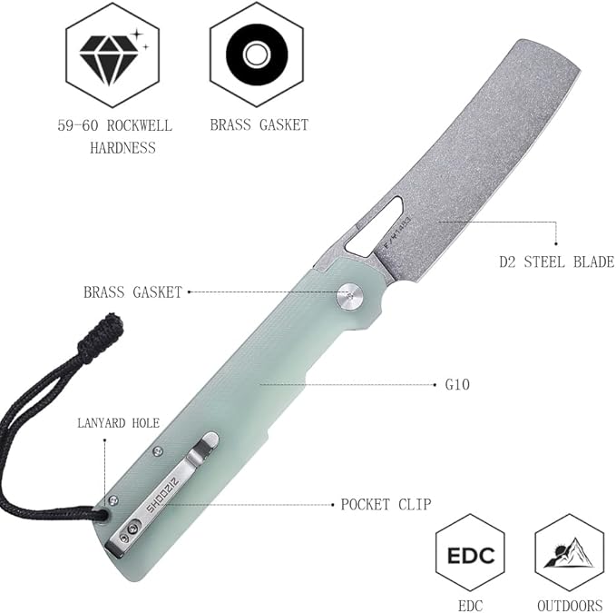 D2 Camping Chef Pocket Knife 4.01 Outdoor EDC Folding Knife for Man G10 Handle with Pocket Clip for Outdoor Cooking Fishing &amp Hiking.59-61 HRC Stonewash Blade. XUN119A-JGSt