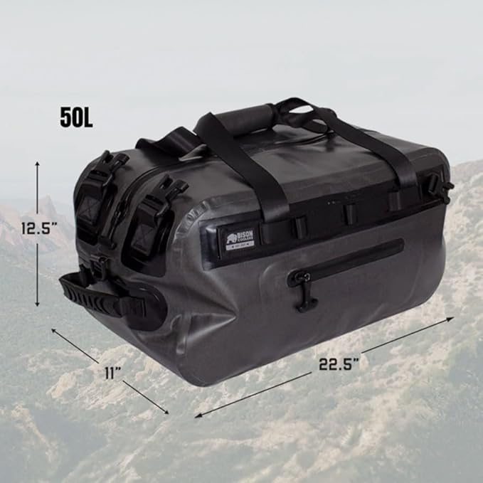 Bison Coolers Dry Duffle Marine Grade TPU Puncture Resistant Water Proof Shell with Welded Seams - Water Resistant Zippers &amp Removable Straps w/Easy Carry Handles - Outdoor | 50L