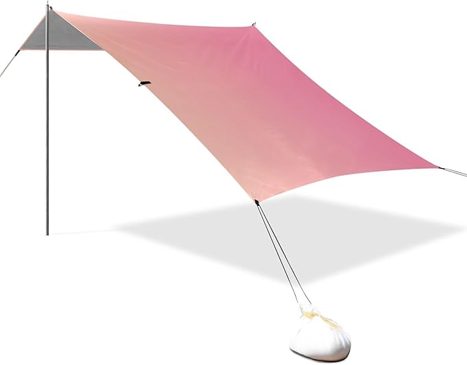 Pink Gradient Foldable Beach Cabana UPF50+ Protection Water-Resistant Large Sun Shelter Includes Sand Shovel Sandbags Stability Poles for Camping Picnics Backyard