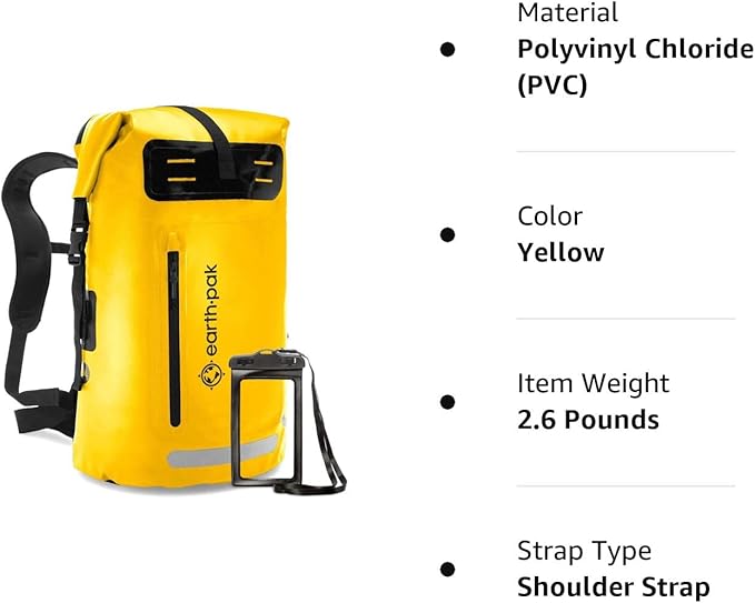Earth Pak Waterproof Backpack - Heavy Duty Roll-Top Closure with Easy Access Front-Zippered Pocket and Cushioned Padded Back Panel for Comfort with IPX8 Waterproof Phone Case