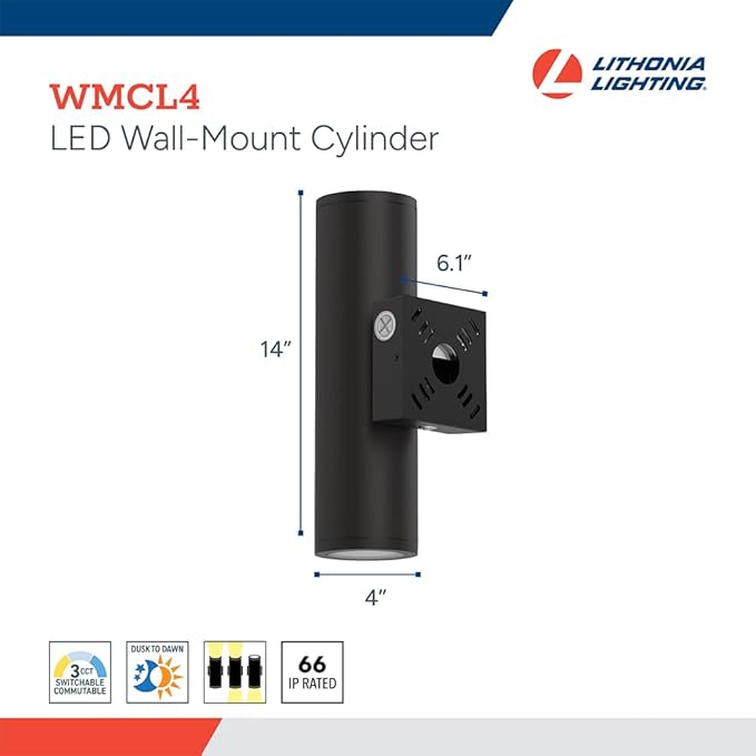 Lithonia Lighting WMCL 4 Inch LED Outdoor Wall Light Modern Cylinder Outdoor Wall Sconce with Up/Down/Both Beam Direction Selectable White Color Photocell Dusk-to-Dawn 75-Degree Beam Spread