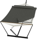 12 ft Double Hammock with Stand Portable 2 Person Outdoor Hammock with Stand for Patio Backyard Garden Heavy Duty Hammock with Soft Pillow &amp Balance Ropes Folding Hammock Grey