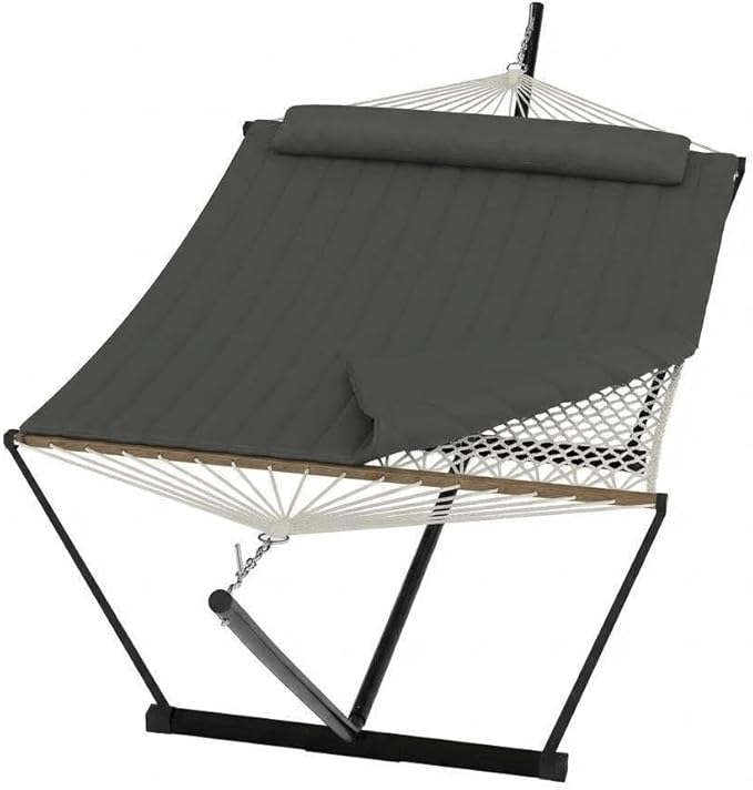 12 ft Double Hammock with Stand Portable 2 Person Outdoor Hammock with Stand for Patio Backyard Garden Heavy Duty Hammock with Soft Pillow &amp Balance Ropes Folding Hammock Grey