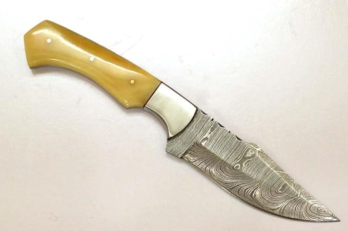 HMK 10.0 INCHES FORGED DAMASCUS STEEL FULL TANG ALASKAN CAMPING TOOL HUNTER KNIFE WITH BUFFALO BONE AND STAINLESS STEEL BOLSTERS