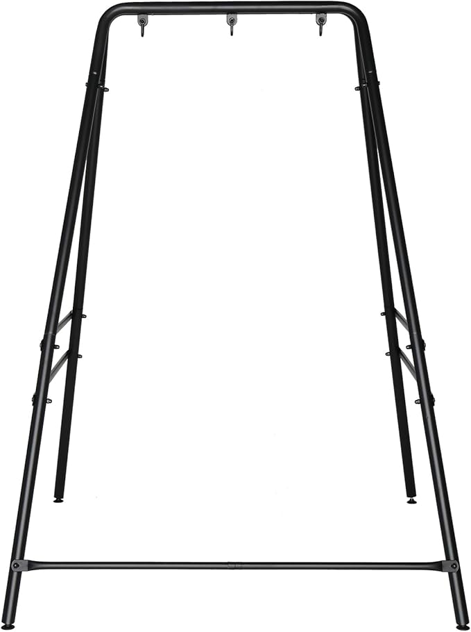 Outdoor Hammock Chair StandA-Shaped Metal Swing Stand FrameHeavy Duty Hanging Chair StandWeather Resistant Hammock Standwith Three Hooks for Bedroom Garden Patio Porch Black (Stand Only)