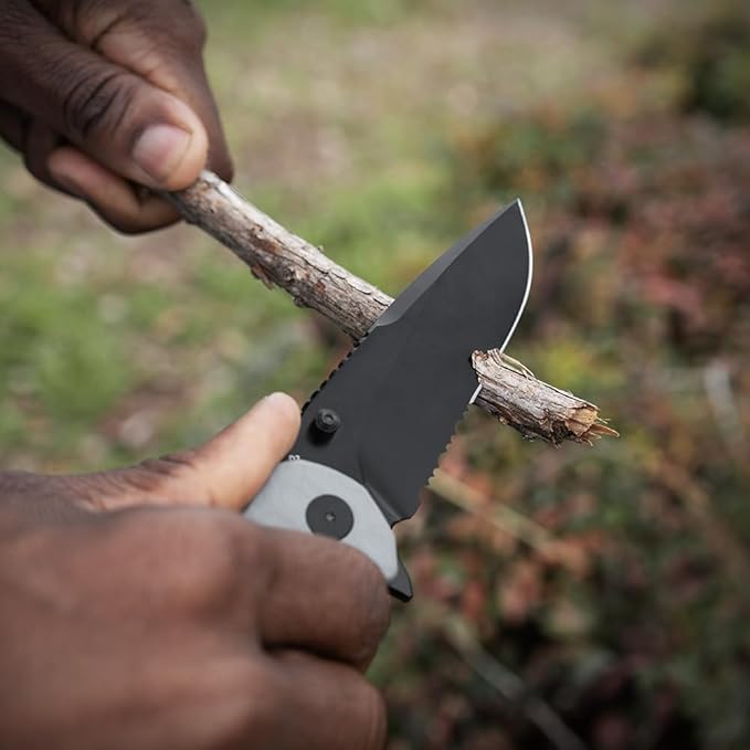 GRITR Stealth Folding Pocket Knife w/ 3.5 D2 Steel Blade for Military Hunting Camping Hiking – Gray Handle Partially-Serrated Blade with Black Titanium Finish