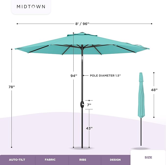 Midtown Umbrellas 10-Year-No-Fade - 8 Ft - UV Proof Purple Polyester Fabric - Umbrella Outdoor Patio Auto-Tilt Aluminum Frame Patio Umbrella for Garden Pool &amp Deck - Black Pole