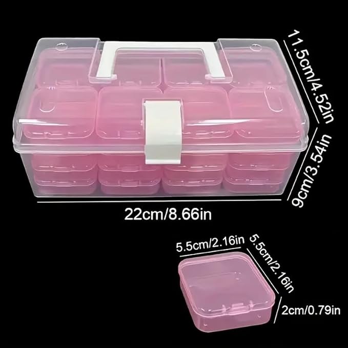 33-Boxes Pink Storage Container Box set Organizer Case with Handle for Beads Jewelry Nail Art Diamond Painting Small Parts Big Box 8.66 x 4.5 x 3.5 Inches Small boxes 2.16 x2.16 x 0.79 inches