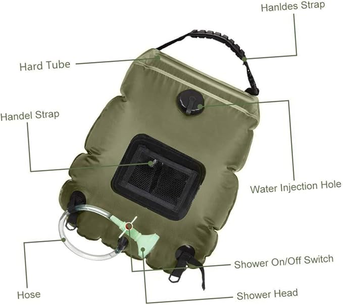 DECHOUS Portable Solar Shower Bag Outdoor Camping Water Storage with Shower Nozzle for Hiking Beach Swimming and Traveling Olive Green
