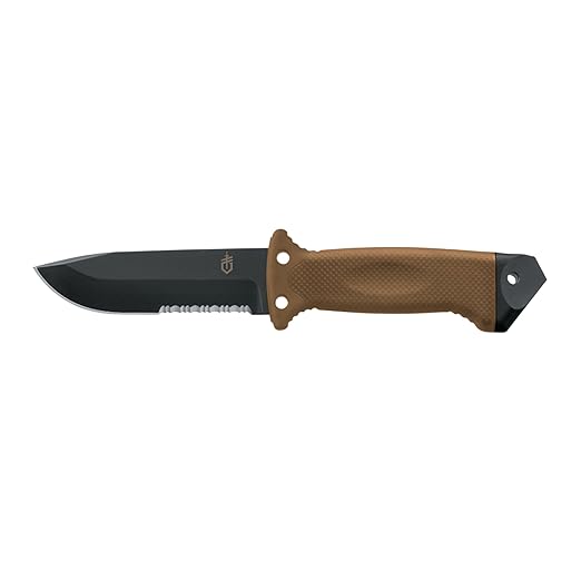 Gerber Gear LMF II Infantry Survival Knife Made in USA Military Grade Tactical Fixed Blade with Serrated Edge Shock Absorbing Handle Molle Sheath and Sharpener Coyote Brown