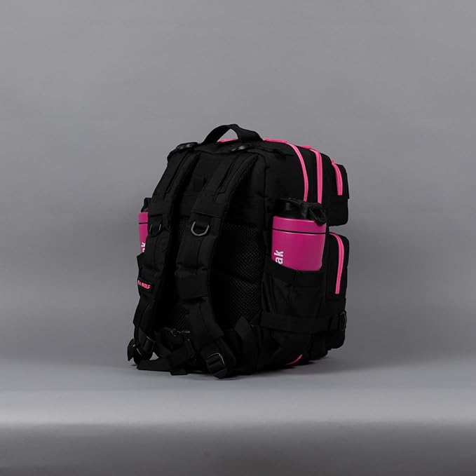 WOLFpak 25L Athletic Gym Backpack (Black Neon Pink) Durable 1000D Waterproof Oxford Material with MOLLE Webbing Laptop Pocket &amp Dual Cup Holders