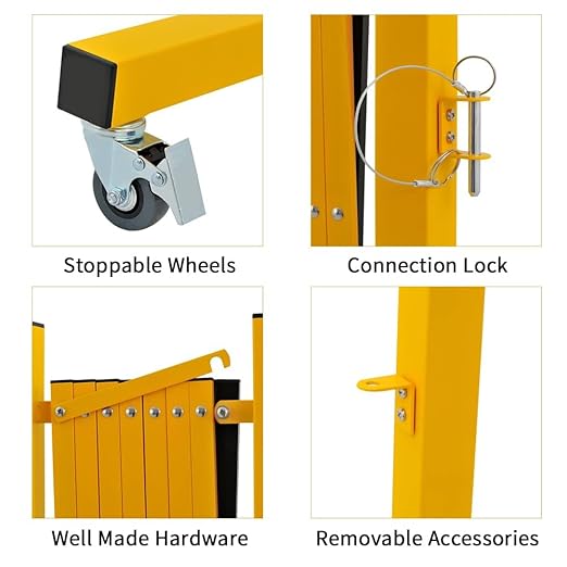 GYMTIME Expandable Metal Barricade Portable Safety Traffic Barrier with Casters Mobile Driveway Gate Adjustable Security Fence 11 Feet Yellow and Black