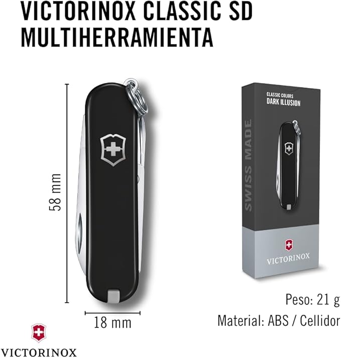 Victorinox Pocket Knife Small Classic SD 58 mm Black (7 Functions Blade Nail File Screwdriver 2.5 mm Scissors)