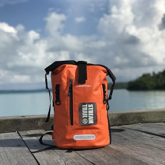 Stream Trail Waterproof Backpack 25L Heavy Duty Roll-Top Closure with Easy Access Front-Zippered Pocket and Cushioned Padded Back Panel for Comfort IPX6 Water Rsistance Dry Bag Orange