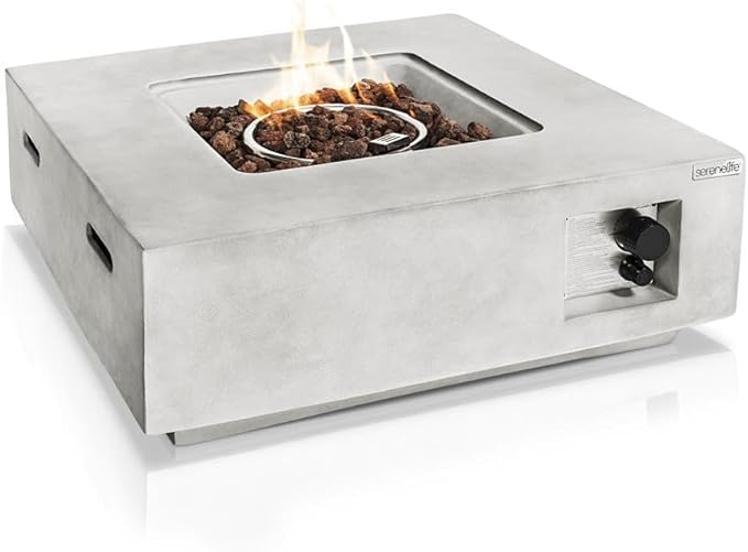 SereneLife Propane Gas Fire Pit Table - 40000 BTU Square Outdoor Firepit with Cover Lava Rock and Adjustable Flame Height