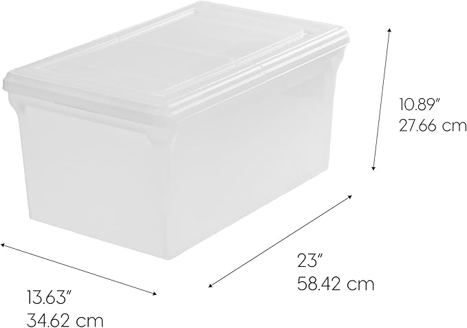 IRIS USA File Box File Organizer w/Hinged Split Lid for Letter File Important Document Box Plastic Storage Filing Bin for Moving Stackable Nestable Portable Pearl 44 Qt. 4 Pack