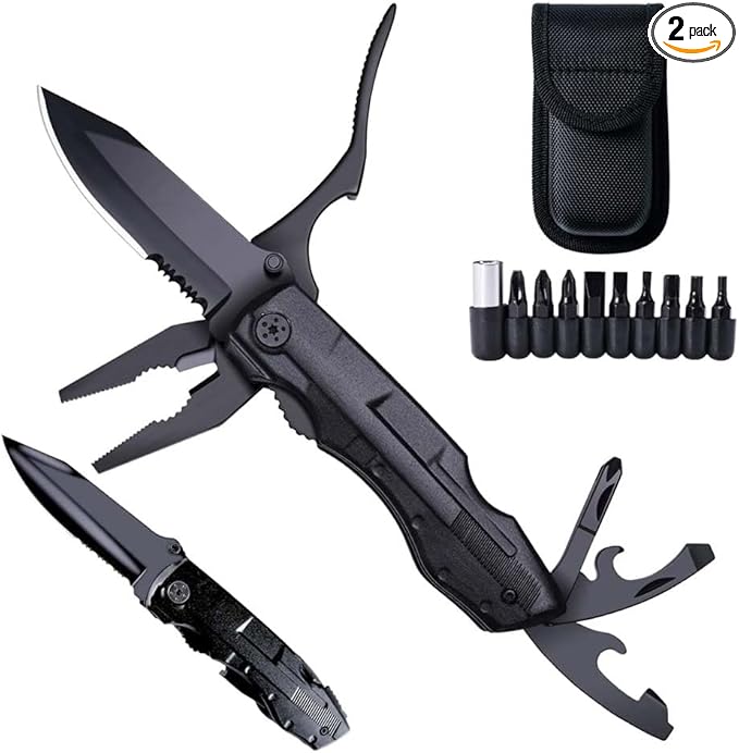 7 in 1 Stainless Steel Pocket Knife Pliers – Multi-Tool with Wire Cutter Screwdrivers Bottle Opener &amp More – Compact Survival Tool for Camping Hiking Emergency Use (2PCS)