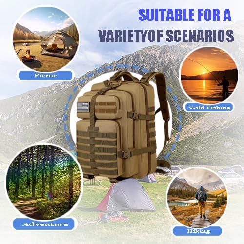 45L Military Tactical Backpack for Men Large 3-Day Assault Pack MOLLE Rucksack Waterproof Survival Bug Out Bag for Hiking Camping Hunting Gym &amp Work Includes US Flag Patch - Stealth Black