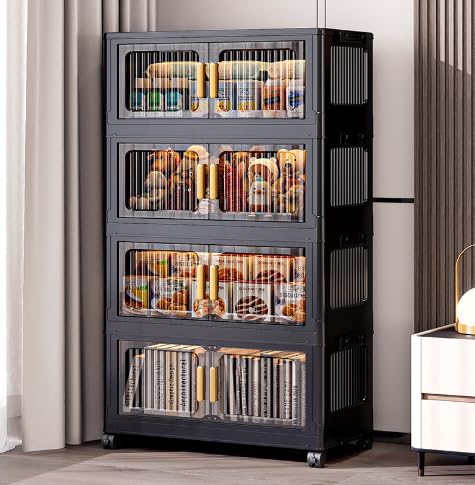 4-Tier Stackable Storage Bins with LidFoldable Plastic Drawer Storage with WheelsCloset Organizers and Storage for Living Room Office Dorm