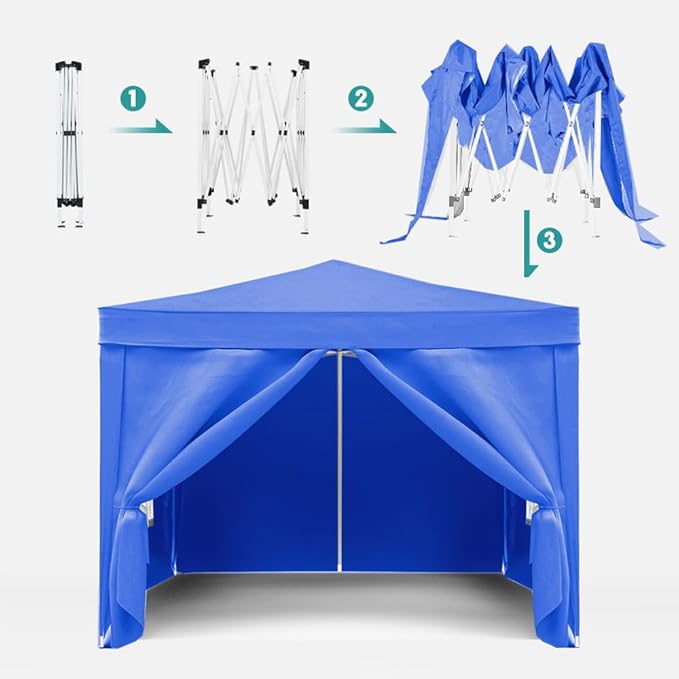 10'x10' Folding Canopy with 4 Removable Sidewalls Outdoor Event Shelter UPF 50+ Gazebo Portable Tents for Parties Beach Camping Wedding EZ Pop Up Canopy Weight Bag + Carry Bag (Blue)