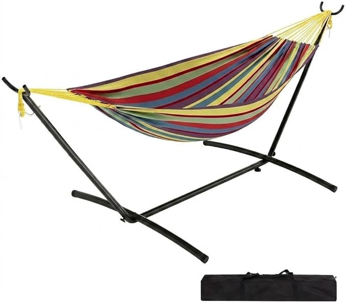 Double Hammock with Stand 2 Person Heavy Duty Outdoor Hammock – 450IB Capacity Portable Hammock with 9FT Steel Stand &amp Carrying Case Adjustable Hammock Bed for BackyardCampingBeachYellow