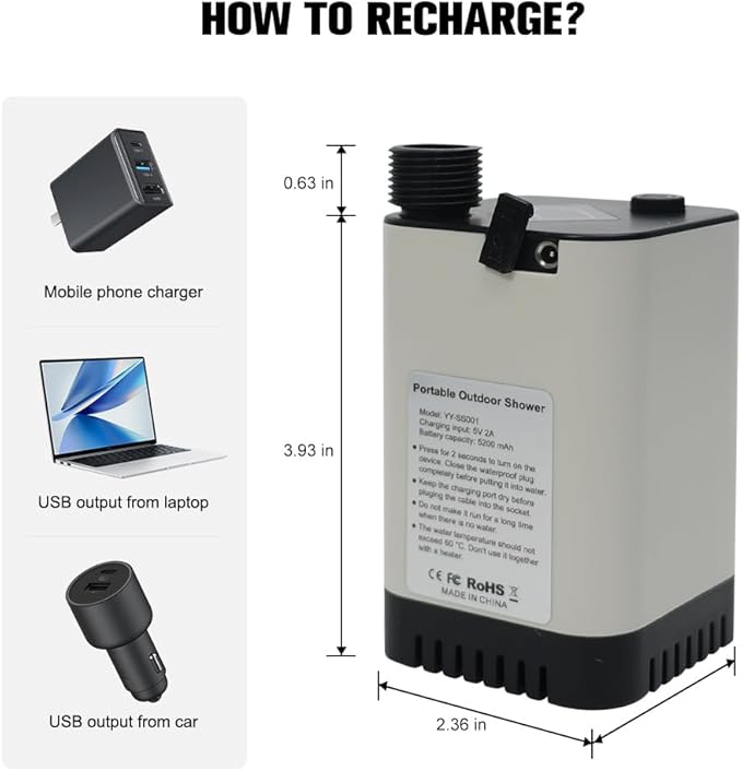 Portable Shower for Camping USB Rechargeable Portable Shower Pump with Digital Display Battery Powered Camping Shower Head for Outdoor Hiking Pets &amp Travel