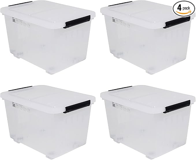 4 Packs 30 Liter Clear Large Storage Boxes Container with Lids and Wheels