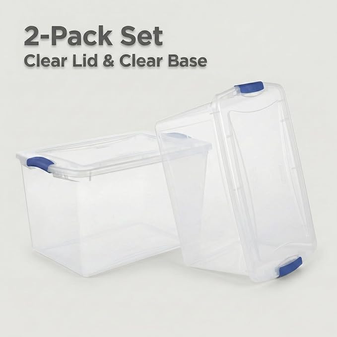 66 Qt Storage Bins with Lids 2 Pack Large Clear Plastic Storage Containers with Secure Blue Latches Stackable Clear Totes for Sports Equipment