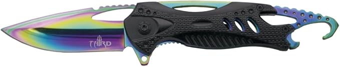 THIRD Assisted Folding Knife K2794BK Black Aluminium Handle 8.5 cm Stainless Steel Blade Coated in Bright Rainbow Titanium. with a Glass Breaker and Bottle Opener. with Clip with Sheath.