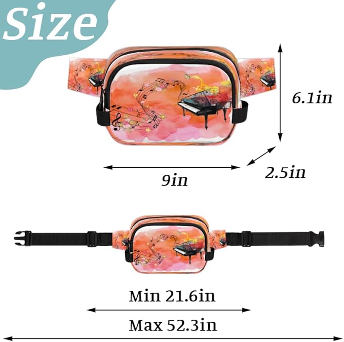Piano Notes Flowers Watercolor Waterproof Fanny Pack for Women Men Adjustable Waist Bag with Double Zipper Pockets Lightweight Square Hip Pack for Running Travel Hiking Workout Cycling